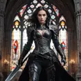 A powerful and alluring vampire warrior with ruby red eyes, wearing intricate black leather armor, a battle-worn sword strapped to her back, standing triumphantly in a gothic cathedral with shattered stained glass windows, dynamic pose, dramatic lighting, cinematic