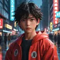 Anime art of Akira, detailed scene, red, perfect face, intricately detailed photorealism, trending on artstation, neon lights, rainy day, ray-traced environment, vintage 90's anime artwork