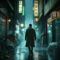 A lone figure in a trench coat walks down a narrow, trash-filled alleyway, bathed in the artificial glow of holographic advertisements, steam billowing from street vendors, rain pouring relentlessly, Blade Runner aesthetic, film noir lighting, sense of unease