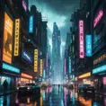 A sprawling dystopian cityscape at night, towering neon skyscrapers pierce a polluted sky, flying vehicles navigate a labyrinth of illuminated advertising, rain-slicked streets reflecting a kaleidoscope of light, Blade Runner style, cyberpunk, dark and gritty