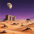 A desert planet with colossal, ancient ruins half-buried in the sand dunes, giant skeletons of unknown creatures scattered across the landscape, two moons casting long shadows in the purple sky, sense of mystery and wonder, matte painting style, by Thomas Cole and Caspar David Friedrich