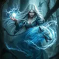 A hauntingly beautiful Wild Hunt sorceress, with long flowing silver hair and piercing blue eyes, summoning a spectral wolf amidst a swirling vortex of magic, deep within an ancient forest, mystical, powerful, ethereal beauty, fantasy art style