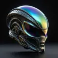 alien helmet with iridescent reflection. Dark background