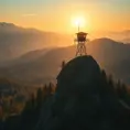 A lone fire lookout tower perched atop a rugged mountain peak, surrounded by a sea of vibrant green pine forest, the warm afternoon sun casting long shadows across the landscape, Firewatch art style, serene and melancholic