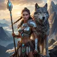 A powerful Wild Hunt warrior queen, wielding a glowing spear, her face framed by braids adorned with feathers and bones, standing atop a windswept mountain, her loyal wolf companion by her side, epic fantasy, dramatic lighting, detailed armor