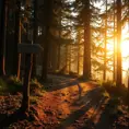 A winding dirt path disappearing into a dense forest, sunlight filtering through the canopy, a weathered wooden signpost pointing towards a distant lake, Firewatch color palette, peaceful and inviting, sense of mystery