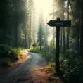 A winding dirt path disappearing into a dense forest, sunlight filtering through the canopy, a weathered wooden signpost pointing towards a distant lake, Firewatch color palette, peaceful and inviting, sense of mystery