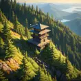 A lone fire lookout tower perched atop a rugged mountain peak, surrounded by a sea of vibrant green pine forest, the warm afternoon sun casting long shadows across the landscape, Firewatch art style, serene and melancholic