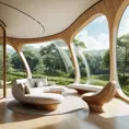 A beautiful interior design of an organic tree house with large windows overlooking the green landscape, in harmony with nature, designed in the style of Zaha Hadid and cofftraffic, using light wood and white colors, curved lines, futuristic furniture, organic shapes, architectural photography, highly detailed, hyper realistic, high resolution green trees