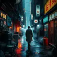 A lone figure in a trench coat walks down a narrow, trash-filled alleyway, bathed in the artificial glow of holographic advertisements, steam billowing from street vendors, rain pouring relentlessly, Blade Runner aesthetic, film noir lighting, sense of unease