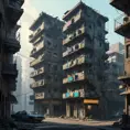 A dilapidated apartment complex in a futuristic slum, crumbling concrete structures stacked precariously, flickering neon signs cast long shadows, flying police spinners patrol a hazy sky, gritty realism, dystopian decay, Blade Runner inspired