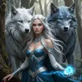 A hauntingly beautiful Wild Hunt sorceress, with long flowing silver hair and piercing blue eyes, summoning a spectral wolf amidst a swirling vortex of magic, deep within an ancient forest, mystical, powerful, ethereal beauty, fantasy art style