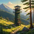 A lone fire lookout tower perched atop a rugged mountain peak, surrounded by a sea of vibrant green pine forest, the warm afternoon sun casting long shadows across the landscape, Firewatch art style, serene and melancholic