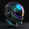 alien helmet with iridescent reflection. Dark background