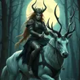 A fierce huntress of the Wild Hunt, adorned in leather armor with intricate Celtic knotwork, emerald eyes glowing with an ethereal light, riding a majestic white stag through a moonlit forest, ethereal, powerful, beautiful, art nouveau style