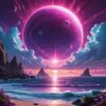 A surreal alien landscape bathed in the magenta glow of a binary sun, towering crystalline formations jutting out of a vibrant purple ocean, exotic bioluminescent flora dotting the landscape, No Man's Sky inspired, vibrant colors, sense of wonder