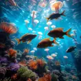 An underwater alien world with bioluminescent coral reefs, shimmering jellyfish forests, strange and beautiful fish with iridescent scales, shafts of sunlight filtering through the water, vibrant and colorful, photorealistic, National Geographic photography