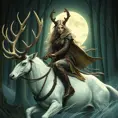 A fierce huntress of the Wild Hunt, adorned in leather armor with intricate Celtic knotwork, emerald eyes glowing with an ethereal light, riding a majestic white stag through a moonlit forest, ethereal, powerful, beautiful, art nouveau style