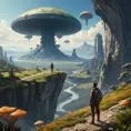 A lone explorer standing on the edge of a cliff, gazing at a vast alien valley below, herds of strange, procedurally generated creatures graze amidst towering mushroom forests, a spaceship rests on a plateau in the distance, No Man's Sky aesthetic, sense of scale and exploration