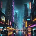 A sprawling dystopian cityscape at night, towering neon skyscrapers pierce a polluted sky, flying vehicles navigate a labyrinth of illuminated advertising, rain-slicked streets reflecting a kaleidoscope of light, Blade Runner style, cyberpunk, dark and gritty