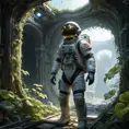 A derelict space station, overgrown with luminous vines and bioluminescent fungi, remnants of advanced technology peeking through the organic growth, a lone astronaut in a spacesuit exploring the ruins, haunting and beautiful, volumetric lighting, photorealistic, trending on Artstation