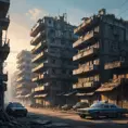 A dilapidated apartment complex in a futuristic slum, crumbling concrete structures stacked precariously, flickering neon signs cast long shadows, flying police spinners patrol a hazy sky, gritty realism, dystopian decay, Blade Runner inspired