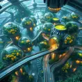 Intricate network of interconnected biodomes forming a space station, lush greenery and glowing flora, sleek transparent walkways connecting different modules, advanced technology seamlessly integrated with nature, ethereal atmosphere, hyperrealistic, cinematic lighting, 4k