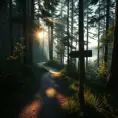 A winding dirt path disappearing into a dense forest, sunlight filtering through the canopy, a weathered wooden signpost pointing towards a distant lake, Firewatch color palette, peaceful and inviting, sense of mystery