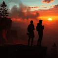 Two figures silhouetted against a fiery sunset, standing on a rocky cliff overlooking a vast valley, their walkie-talkies crackling with static, the scent of pine and smoke filling the air, Firewatch inspired, emotional, story-driven