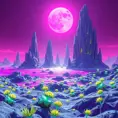 A surreal alien landscape bathed in the magenta glow of a binary sun, towering crystalline formations jutting out of a vibrant purple ocean, exotic bioluminescent flora dotting the landscape, No Man's Sky inspired, vibrant colors, sense of wonder