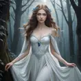 An ethereal vampire maiden with a delicate yet captivating beauty, pale blue eyes that shimmer like sapphires, wearing a flowing white dress that evokes the moonlight, surrounded by mist in a dark forest, art nouveau style, soft lighting, dreamlike atmosphere