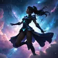 Silhouette of cosmic sorceress, nebula armor, suspended in air, nebula-filled backdrop