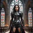 A powerful and alluring vampire warrior with ruby red eyes, wearing intricate black leather armor, a battle-worn sword strapped to her back, standing triumphantly in a gothic cathedral with shattered stained glass windows, dynamic pose, dramatic lighting, cinematic