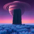 An abandoned alien monolith standing amidst a field of glowing blue grass, strange symbols etched into its surface, a ringed planet dominating the sky, purple and orange hues blend in the atmosphere, No Man's Sky style, mysterious and evocative