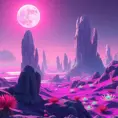 A surreal alien landscape bathed in the magenta glow of a binary sun, towering crystalline formations jutting out of a vibrant purple ocean, exotic bioluminescent flora dotting the landscape, No Man's Sky inspired, vibrant colors, sense of wonder