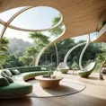 A beautiful interior design of an organic tree house with large windows overlooking the green landscape, in harmony with nature, designed in the style of Zaha Hadid and cofftraffic, using light wood and white colors, curved lines, futuristic furniture, organic shapes, architectural photography, highly detailed, hyper realistic, high resolution green trees