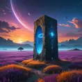 An abandoned alien monolith standing amidst a field of glowing blue grass, strange symbols etched into its surface, a ringed planet dominating the sky, purple and orange hues blend in the atmosphere, No Man's Sky style, mysterious and evocative