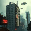 A dilapidated apartment complex in a futuristic slum, crumbling concrete structures stacked precariously, flickering neon signs cast long shadows, flying police spinners patrol a hazy sky, gritty realism, dystopian decay, Blade Runner inspired