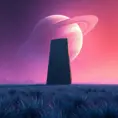 An abandoned alien monolith standing amidst a field of glowing blue grass, strange symbols etched into its surface, a ringed planet dominating the sky, purple and orange hues blend in the atmosphere, No Man's Sky style, mysterious and evocative