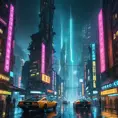 A sprawling dystopian cityscape at night, towering neon skyscrapers pierce a polluted sky, flying vehicles navigate a labyrinth of illuminated advertising, rain-slicked streets reflecting a kaleidoscope of light, Blade Runner style, cyberpunk, dark and gritty