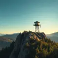 A lone fire lookout tower perched atop a rugged mountain peak, surrounded by a sea of vibrant green pine forest, the warm afternoon sun casting long shadows across the landscape, Firewatch art style, serene and melancholic