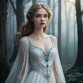 An ethereal vampire maiden with a delicate yet captivating beauty, pale blue eyes that shimmer like sapphires, wearing a flowing white dress that evokes the moonlight, surrounded by mist in a dark forest, art nouveau style, soft lighting, dreamlike atmosphere