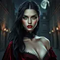 A stunningly beautiful vampire queen with piercing emerald eyes, porcelain skin, and long flowing black hair, adorned in a gothic burgundy velvet gown, standing in a castle courtyard bathed in moonlight, intricate details, hyperrealistic, sharp focus