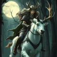 A fierce huntress of the Wild Hunt, adorned in leather armor with intricate Celtic knotwork, emerald eyes glowing with an ethereal light, riding a majestic white stag through a moonlit forest, ethereal, powerful, beautiful, art nouveau style