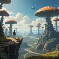 A lone explorer standing on the edge of a cliff, gazing at a vast alien valley below, herds of strange, procedurally generated creatures graze amidst towering mushroom forests, a spaceship rests on a plateau in the distance, No Man's Sky aesthetic, sense of scale and exploration