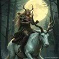 A fierce huntress of the Wild Hunt, adorned in leather armor with intricate Celtic knotwork, emerald eyes glowing with an ethereal light, riding a majestic white stag through a moonlit forest, ethereal, powerful, beautiful, art nouveau style