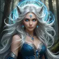 A hauntingly beautiful Wild Hunt sorceress, with long flowing silver hair and piercing blue eyes, summoning a spectral wolf amidst a swirling vortex of magic, deep within an ancient forest, mystical, powerful, ethereal beauty, fantasy art style