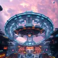 A colossal, ring-shaped space station, bathed in the soft glow of a nebula, intricate futuristic architecture with gleaming chrome and pulsating neon lights, bustling with spaceships and holographic displays, cinematic lighting, 8k, ultra-realistic