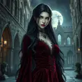 A stunningly beautiful vampire queen with piercing emerald eyes, porcelain skin, and long flowing black hair, adorned in a gothic burgundy velvet gown, standing in a castle courtyard bathed in moonlight, intricate details, hyperrealistic, sharp focus