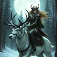 A fierce huntress of the Wild Hunt, adorned in leather armor with intricate Celtic knotwork, emerald eyes glowing with an ethereal light, riding a majestic white stag through a moonlit forest, ethereal, powerful, beautiful, art nouveau style